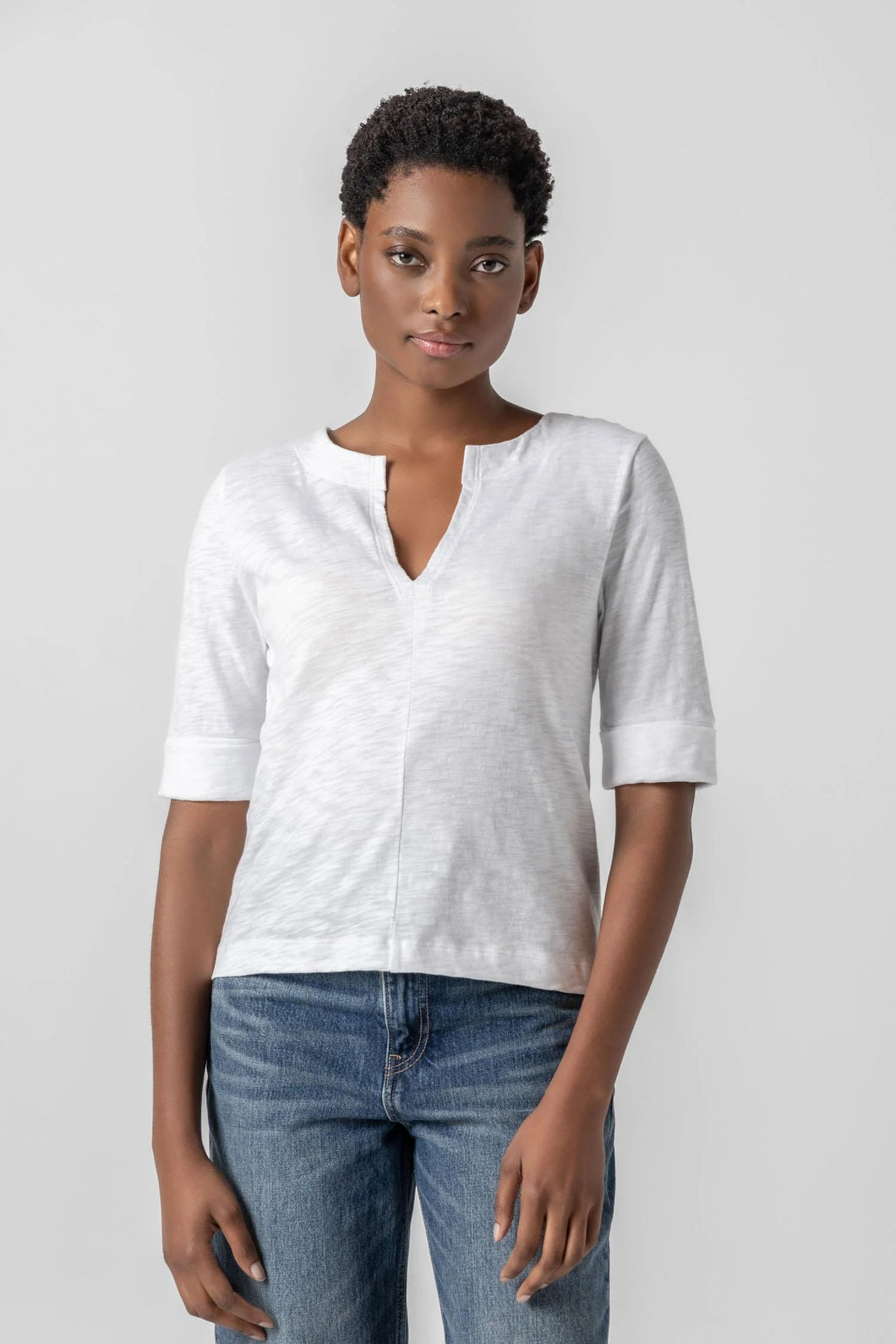 Lilla P Cuffed Sleeve Split Neck Tee